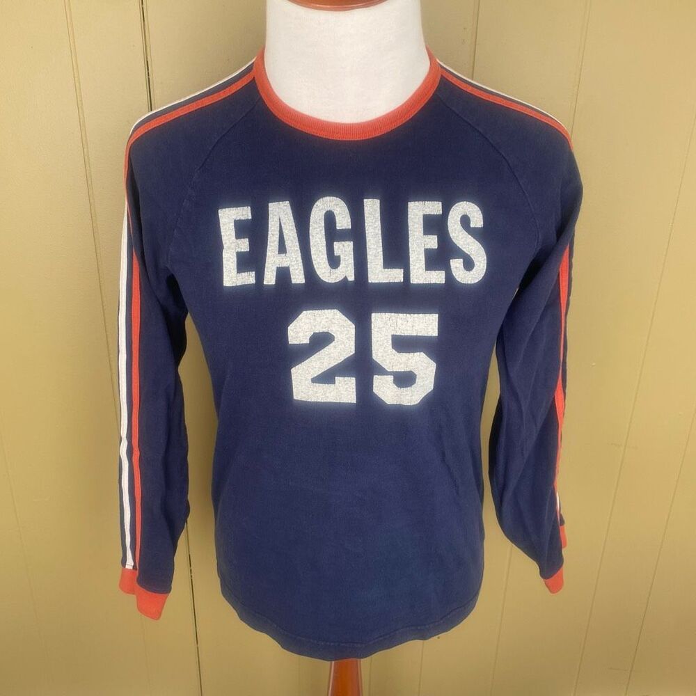 American eagle men XS crewneck longsleeve shirt navy blue w/white orange stripes